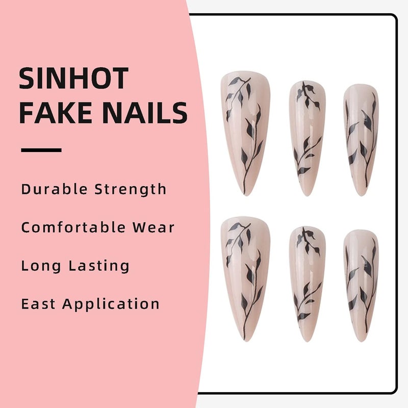 SINHOT Stiletto Press on Nails Extra Long Fake Nails with Glue Glossy False Nails with Black Leaves Designs Full Cover Almond Acrylic Nail 24pcs - Image 5